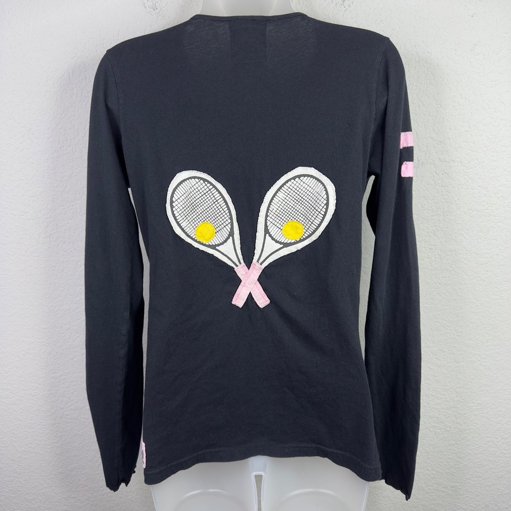 Tennis Racket Applique Long Sleeve Shirt Womens L Black Pink Preppy Y2K Sporty